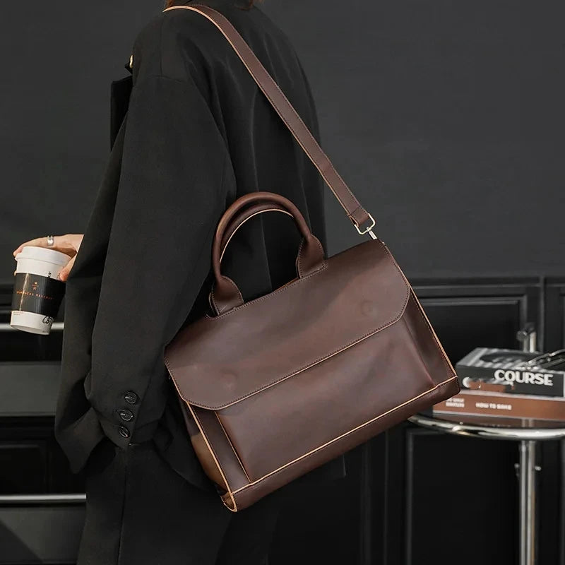 Wholesale Fashion Retro Crazy Horse PU Leather Laptop Briefcase Shoulder Business Men Computer Messenger Bags Brand Logo Custom