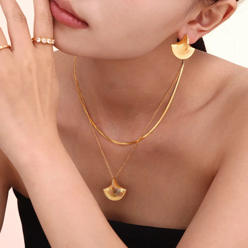 European and American Geometric Conch Hat Earrings Zircon Shell Pendant Necklace Fashion New Titanium Steel Jewelry Set