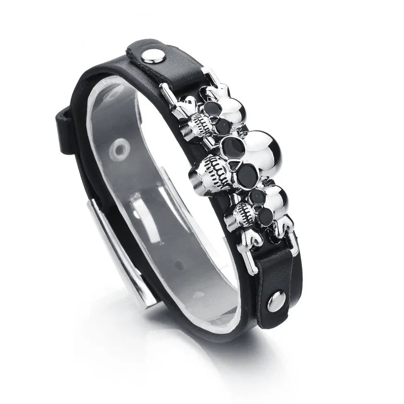 Jewelry Unique Stainless Steel Skull  Wrist Belt Buckle Style Black Pu Leather Cuff Bangle Bracelet for Men