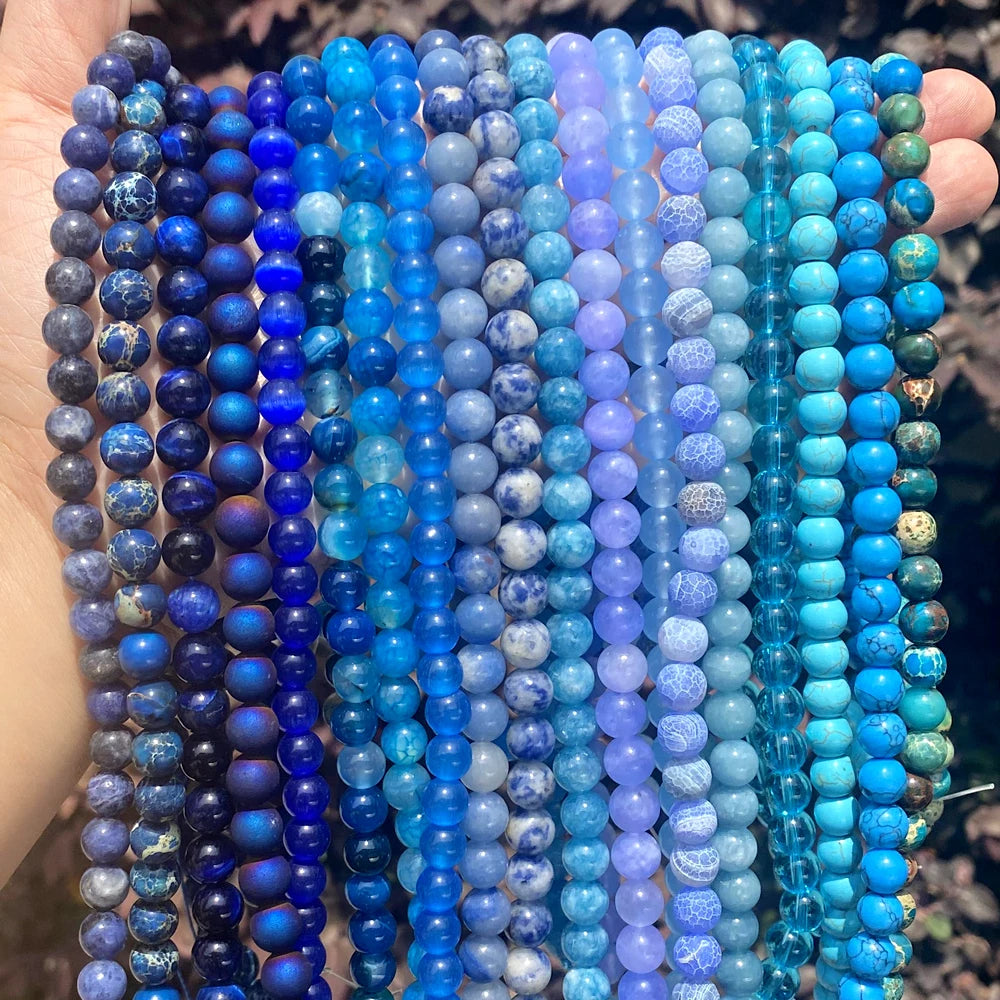 AsVrai U 4/6/8/10/12mm Blue Apatite Jade Quartz Crystal Aquamarine Natural Stone Beads for Jewelry Making Findings DIY Bracelets