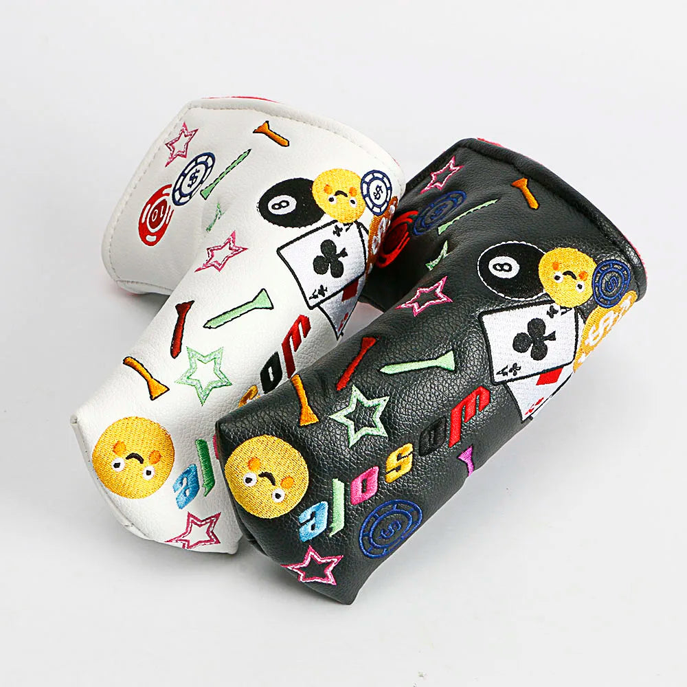 Factory Custom Logo OEM Strong Magnetic Embroidered Blade Headcover Premium Black White PU Leather Clubs Golf Putter Headcover