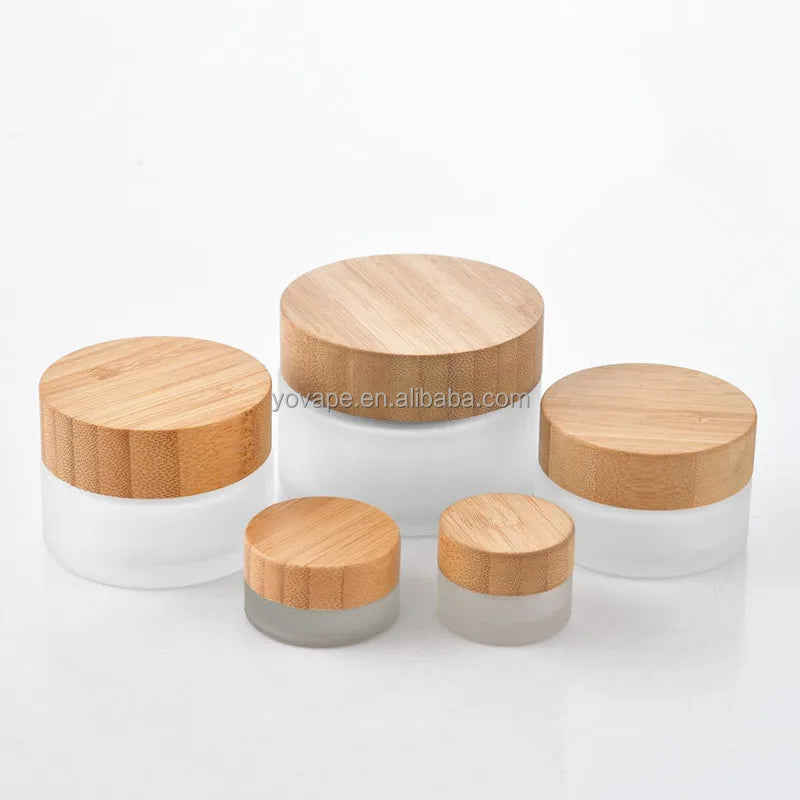 Eco-friendly Real Natural Wooden Frosted clear 5g 10 g 15g 30g 50 Gram 100g 50g Airtight Leak Proof Glass Jar with Bamboo Lid
