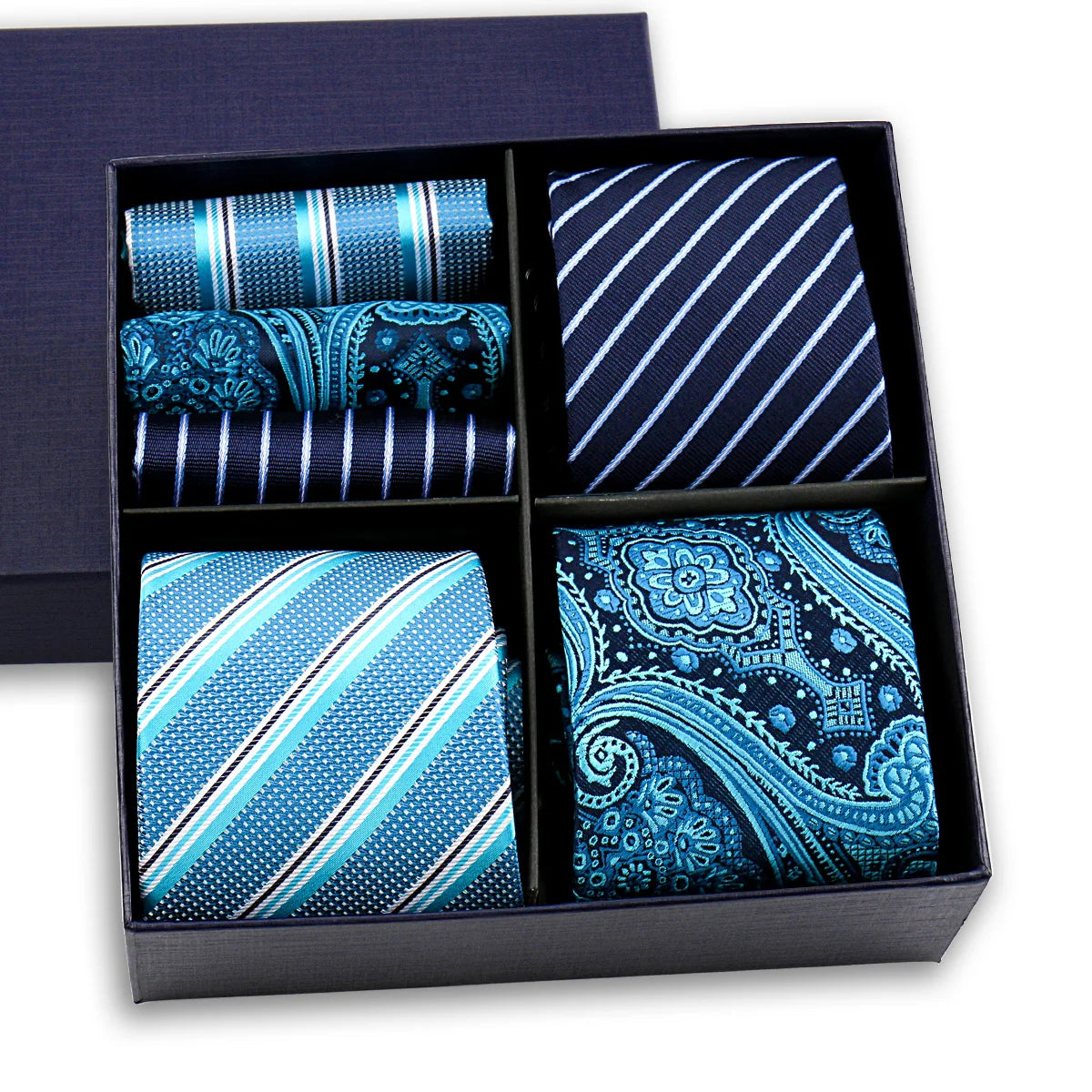 Men's Blue Striped Tie and Handkerchief Set Custom Logo Jacquard Paisley Floral Print Checked Patterns for Gift Box