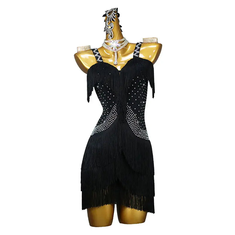 Women Dance Costume Latin Dance Skirt Stage Performance Dress Rhinestone Tassels Girl's Latin Dress