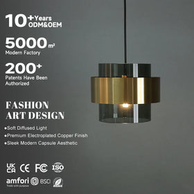 Modern Style LED Cylinder Lamp Bronze Gray Glass with Metal Ce Approved for Park Restaurant Brass Pendant Light