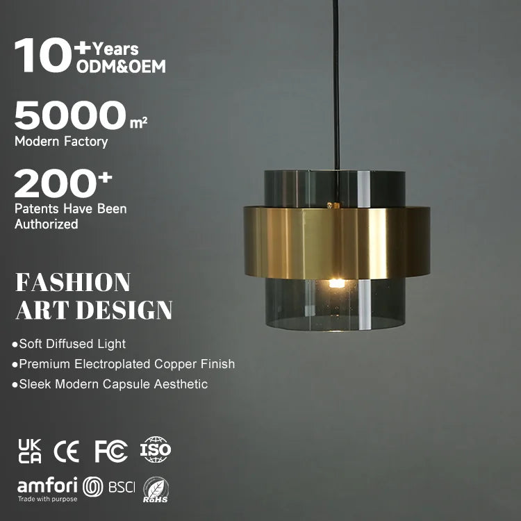 Modern Style LED Cylinder Lamp Bronze Gray Glass with Metal Ce Approved for Park Restaurant Brass Pendant Light