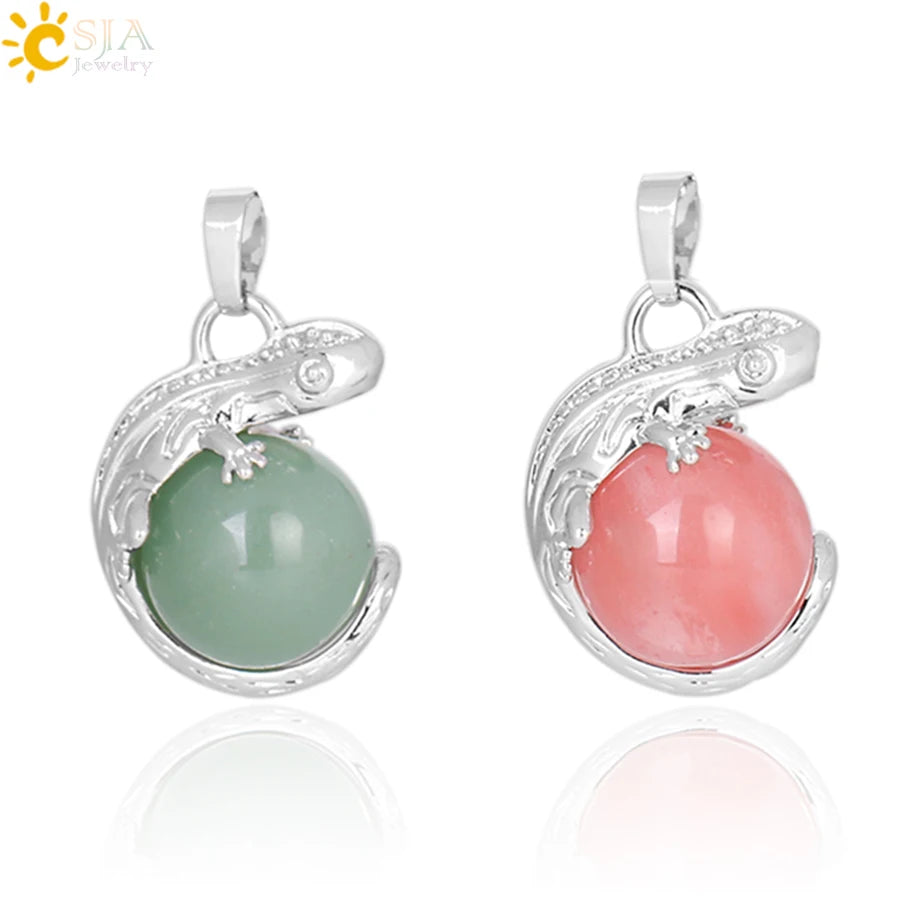 CSJA Gemstone Pendant Natural Crystal Lizard Gecko Pendants Rose Quartz Amethyst Charm for Jewelry Making E286