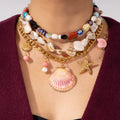 Fashion Large Shell Starfish Conch Stainless Steel Necklace Summer Beach Resort Style Chain Beaded Necklace for Women