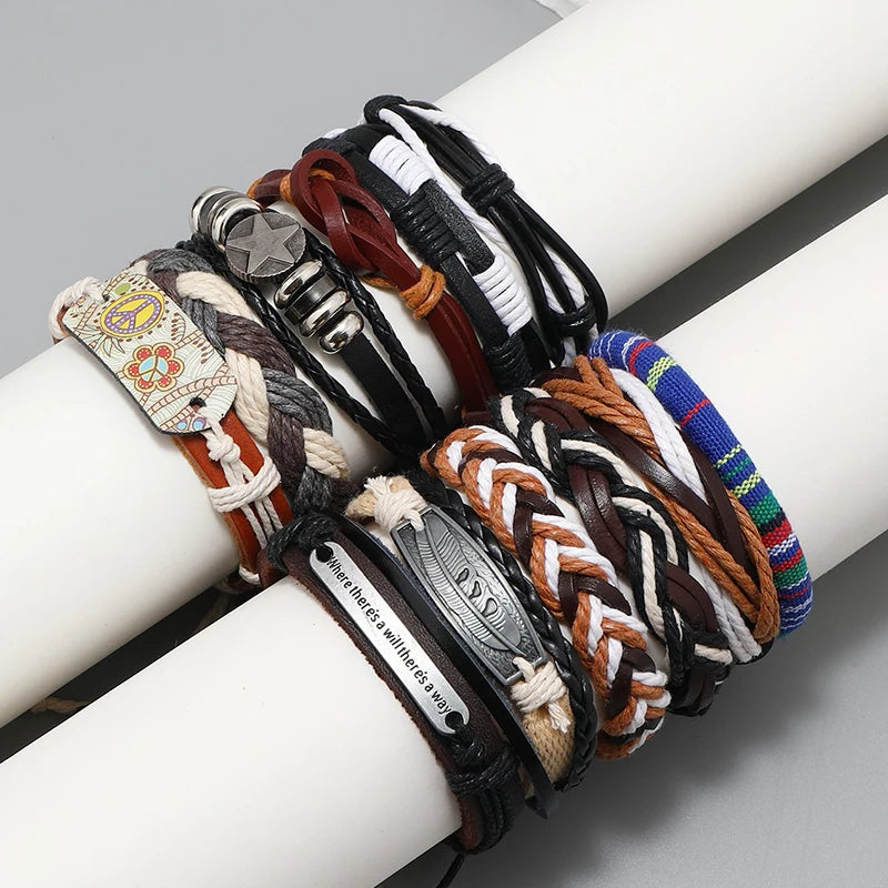 Wholesale 12 Pieces Handmade Woven Ethnic Style Vintage Bracelets Men and Women's Fashion Charm Jewelry Sets
