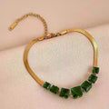 Wholesale Vintage Stainless Steel Adjustable Chain Emerald Rhinestone Crystal Pendant Bracelet Necklace Set