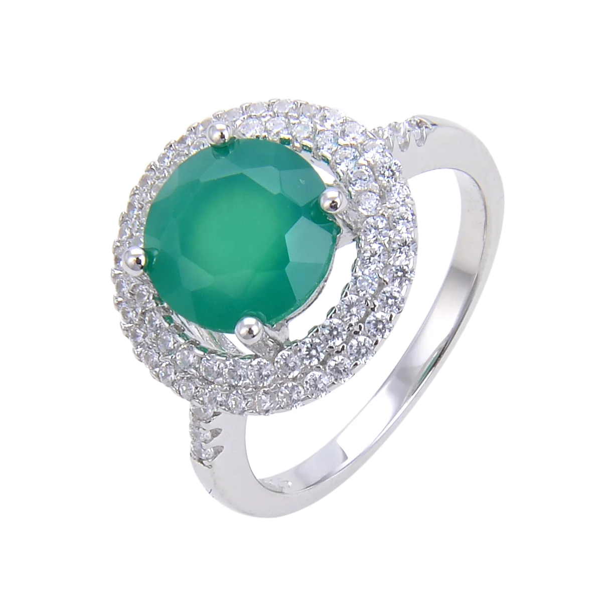 OEM ODM Luxury 925 Sterling Silver Ring Design Green Agate Gemstone CZ Halo Ring Wedding Rings for Women