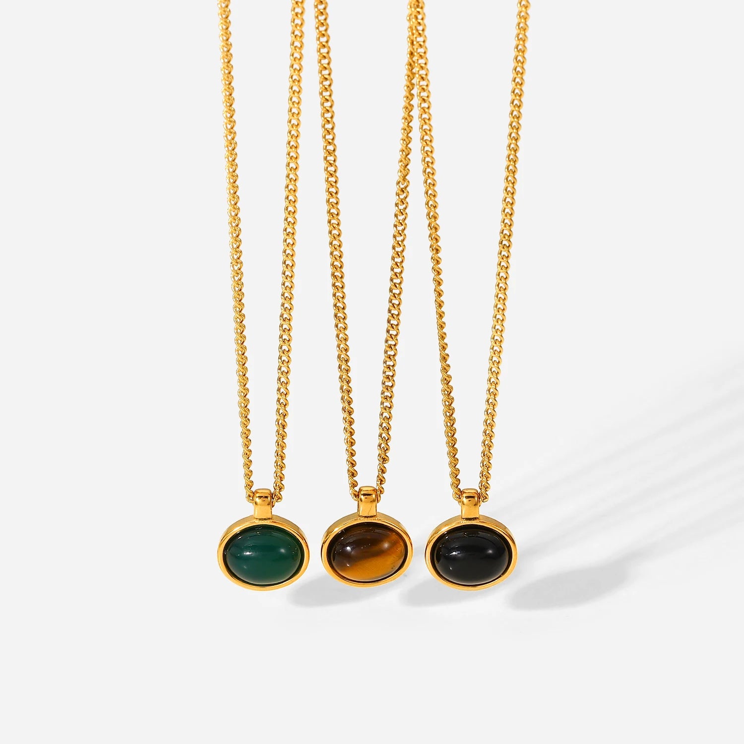 18k Gold Pvd Plated Stainless Steel Natural Tiger Eye Stone Jewelry Oval Pendant Natural Agate Necklace