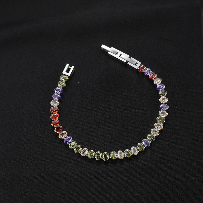 Tarnish Free Durable Fold Over Clasp Stainless Steel Simple Wrist Chain Glossy Oval Cut Colorful Zircon Chain Bracelet for Women