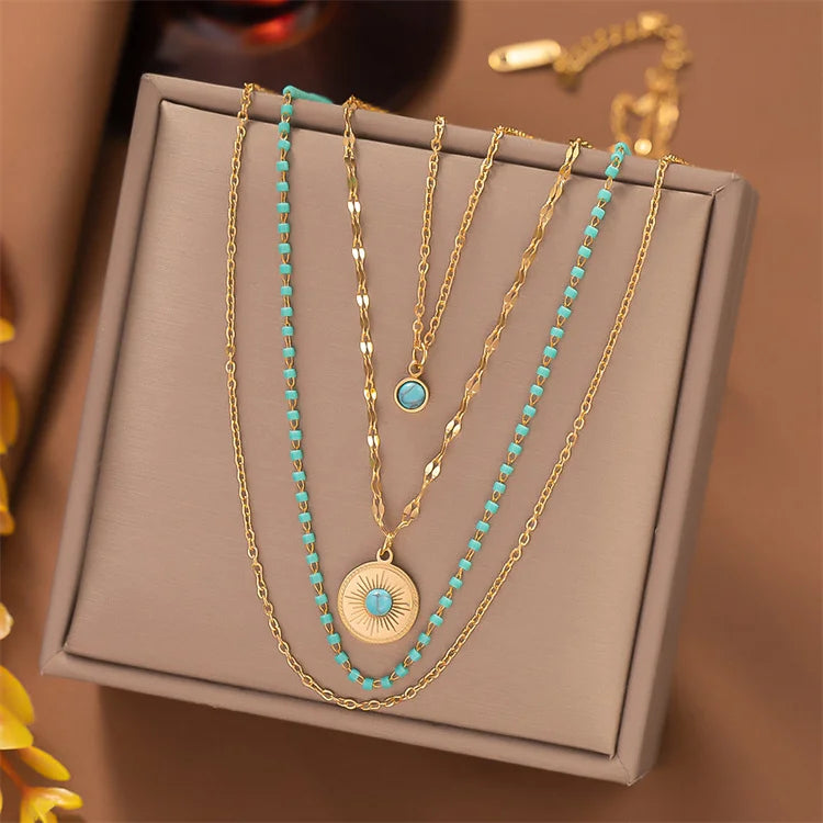 Wholesale Titanium Steel Four Layered Personalized Irregular Round Eye Necklace Turquoise Necklace Women