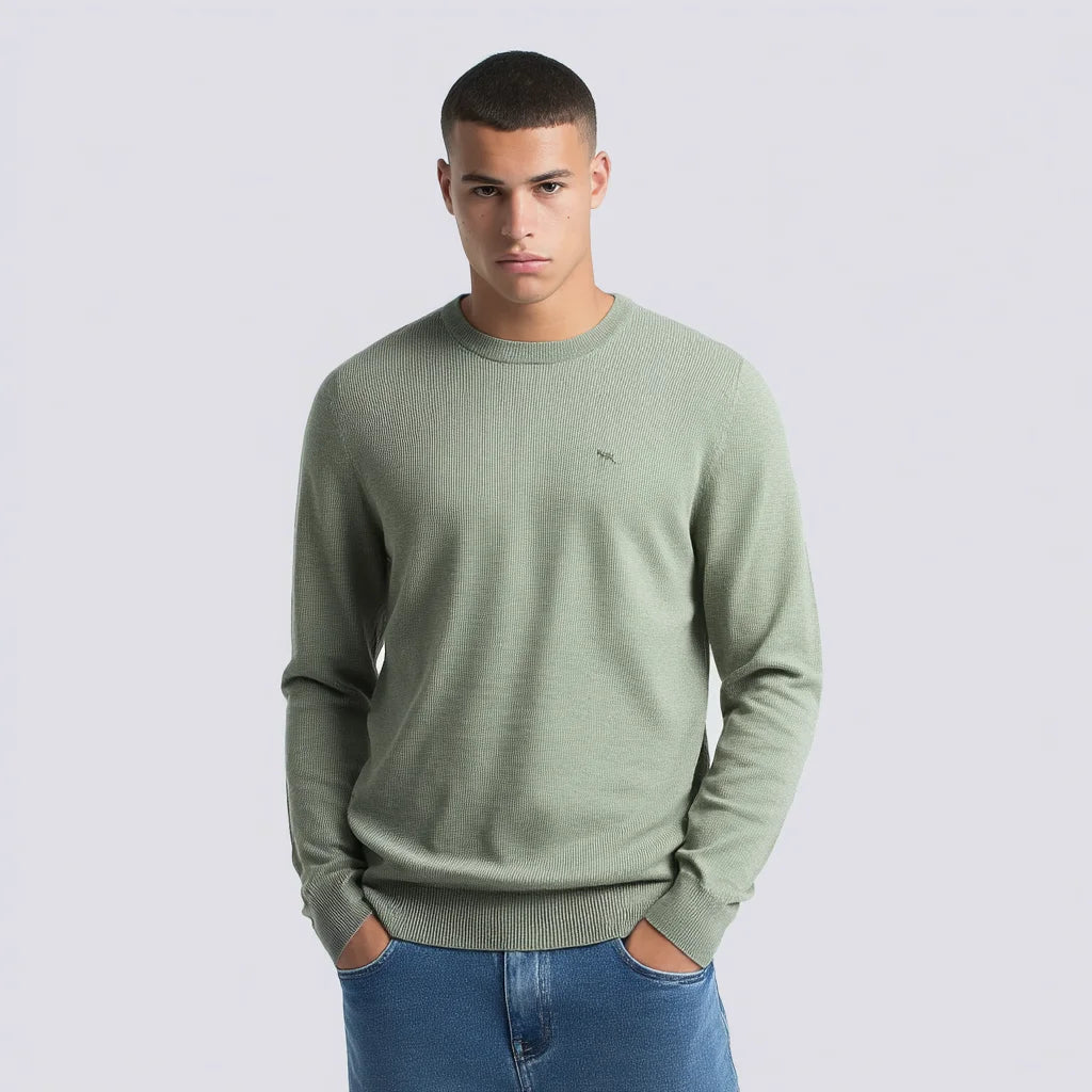Men's Long Sleeve Stretch Cotton Spandex Pullover Sage Green Crew Neck Sweater Anti-Wrinkle and Anti-Shrink Summer Style