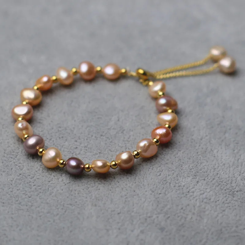 Friendship 7-8 mm AAA Top Grade Freshwater Nugget Baroque Natural Pearl Gold Plated Bangles Adjustable Gift & Party