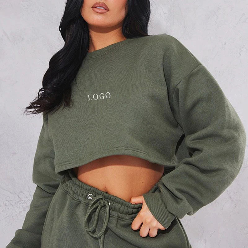 L230650 Custom Women Casual Hoodie Oversized Dark Green Crew Neck Crop Sweatshirt Sport Fashion Plus Size Clothing Hoodie