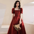 Women Princess Party Toast Wearable Claret-red Bubble Sleeves Wrap Dress