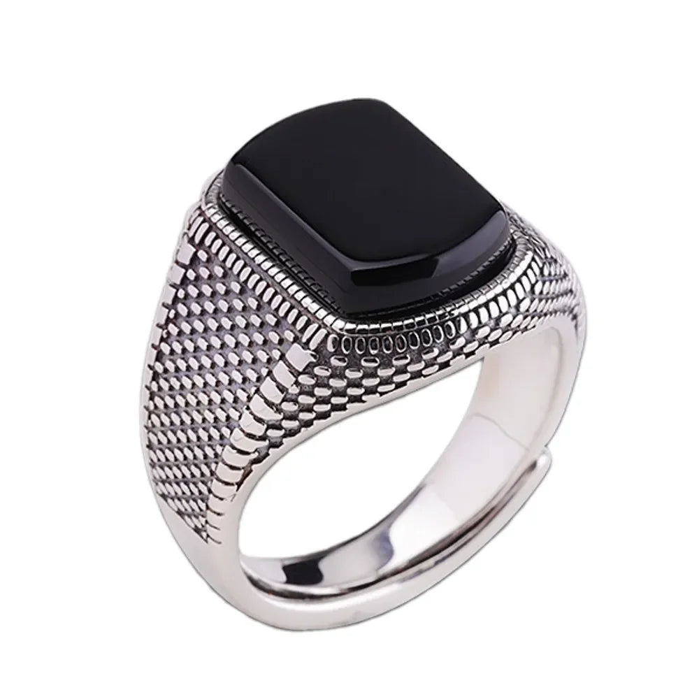 New Classic Vintage Index Black Agate Ring for Men S925 Pure Silver Jewelry Accessories Open Fashionable Style Holiday Gifts