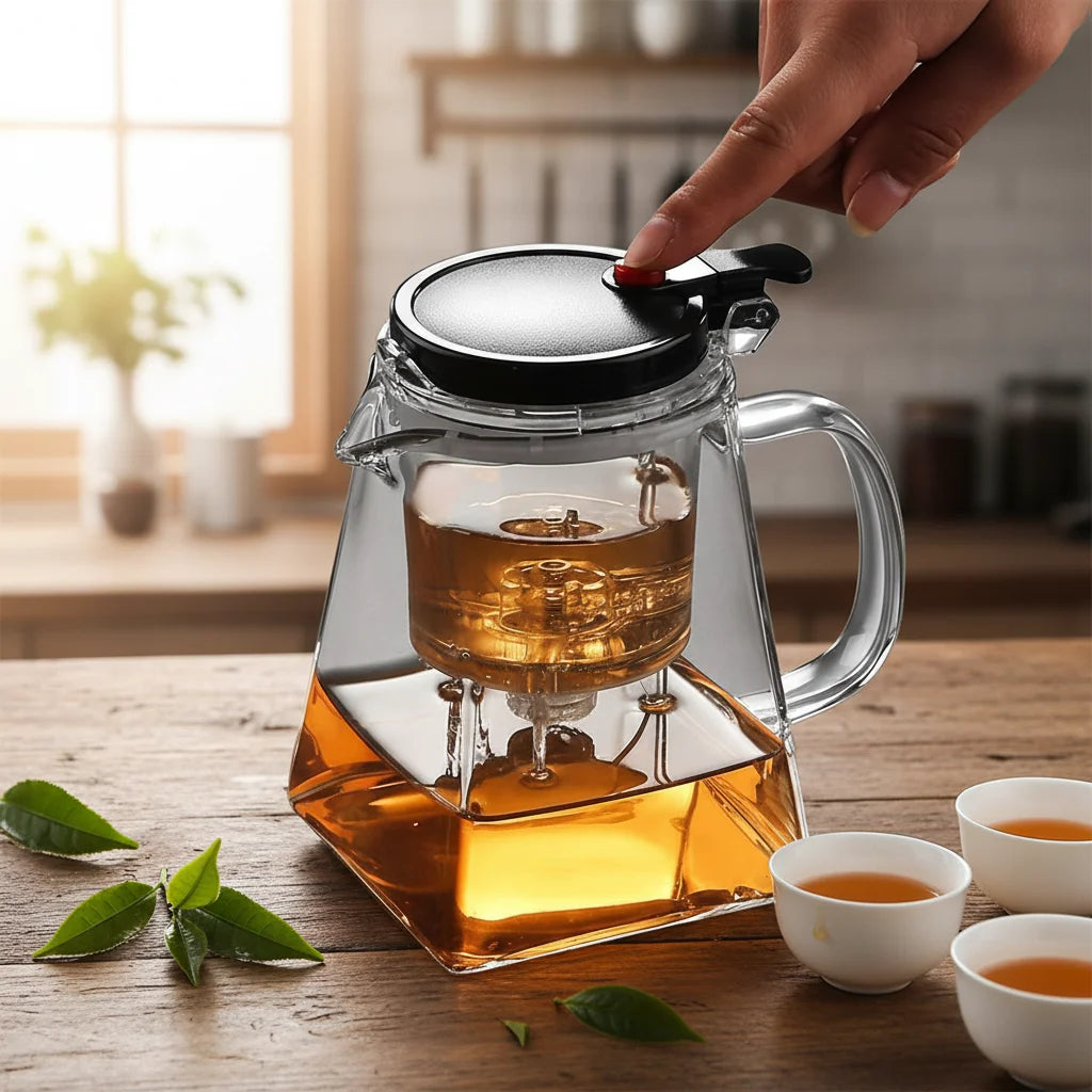 25oz Black Thicken Glass Teapot Piaoyibei Portable Tea Brewer Handmade Loose Leaf Tea Maker with Button