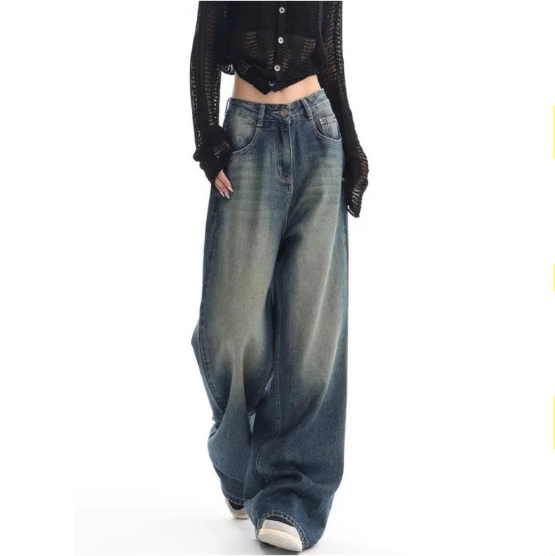 S-XL Early Autumn New Retro Washed Jeans Loose Wide Leg Casual Pants