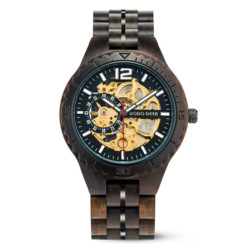Custom Logo Men's Women's Skeleton Mechanical Watch Stainless Steel 24mm Black Ebony Wood Water Resistant Automatic Pointer Dial
