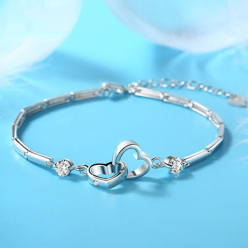 Korean Fashion Silver Chain Bracelet for Women Elegant Double Heart Charms Bracelet Bangles Birthday Fine Jewelry Gifts