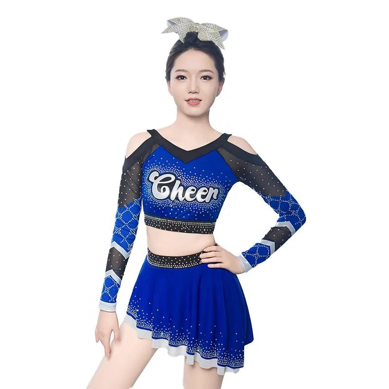 Blue Glitter Allstar Competition Cheer Skirts Plus Size UK OEM Custom Cheerleading Outfit