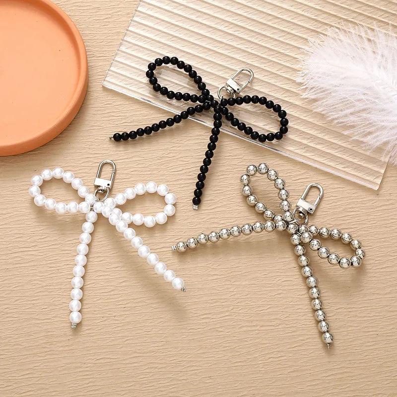 Shuomi Cute Sweet Beaded Acrylic Keychains for Women Metal Butterfly Bow Heart Pearl Pendant Bag Accessories for Girls