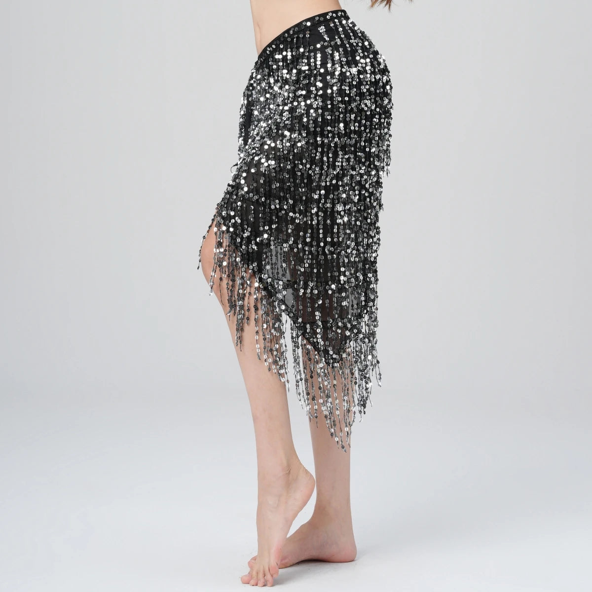 Belly Dance Hip Skirt Long Tassel Scarf Sequin Wrap Rave Costume for Women