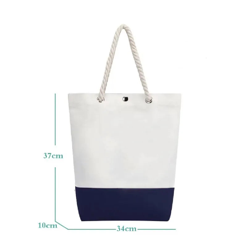 Wholesale Navy Blue Patchwork Blank Canvas Tote Bag Rope Portable Vertical Beach Polyester Shopping Bag