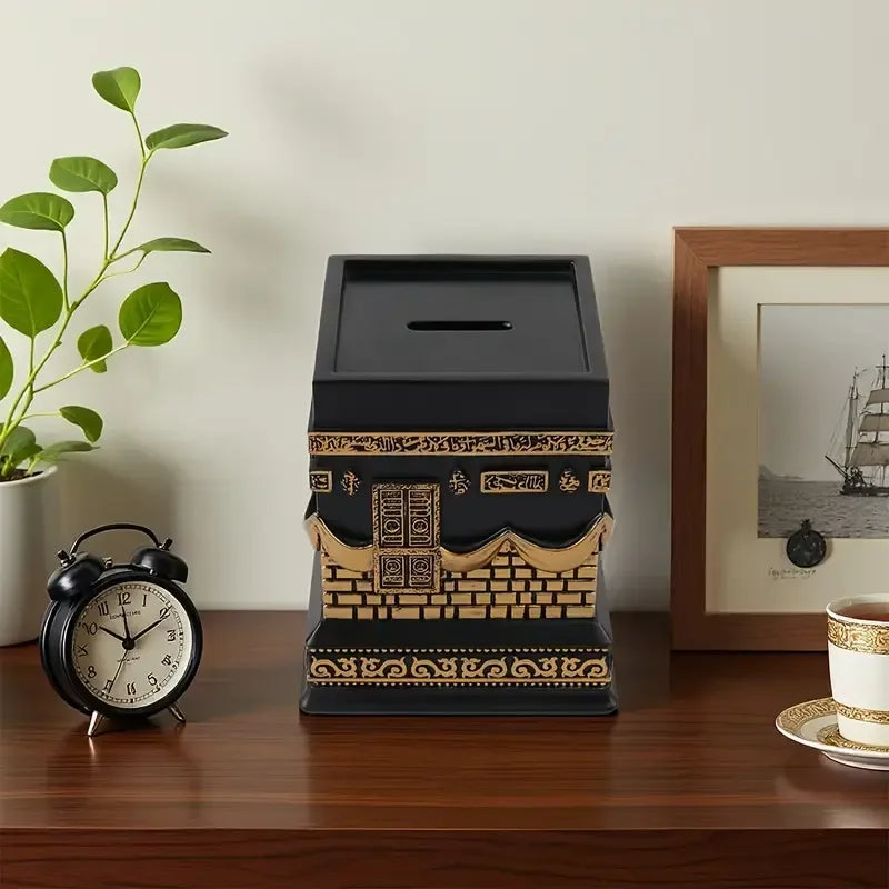 Black Gold Toned Hand-painted Fashion Kaaba-Shaped Resin Piggy Bank Folk Art Decorative Savings Box for Home Display for