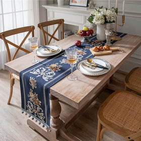 European Retro Floral Jacquard Woven Luxury Chenille Navy Blue Polyester/Cotton Cabinet Cover Dining Table Runner Washable