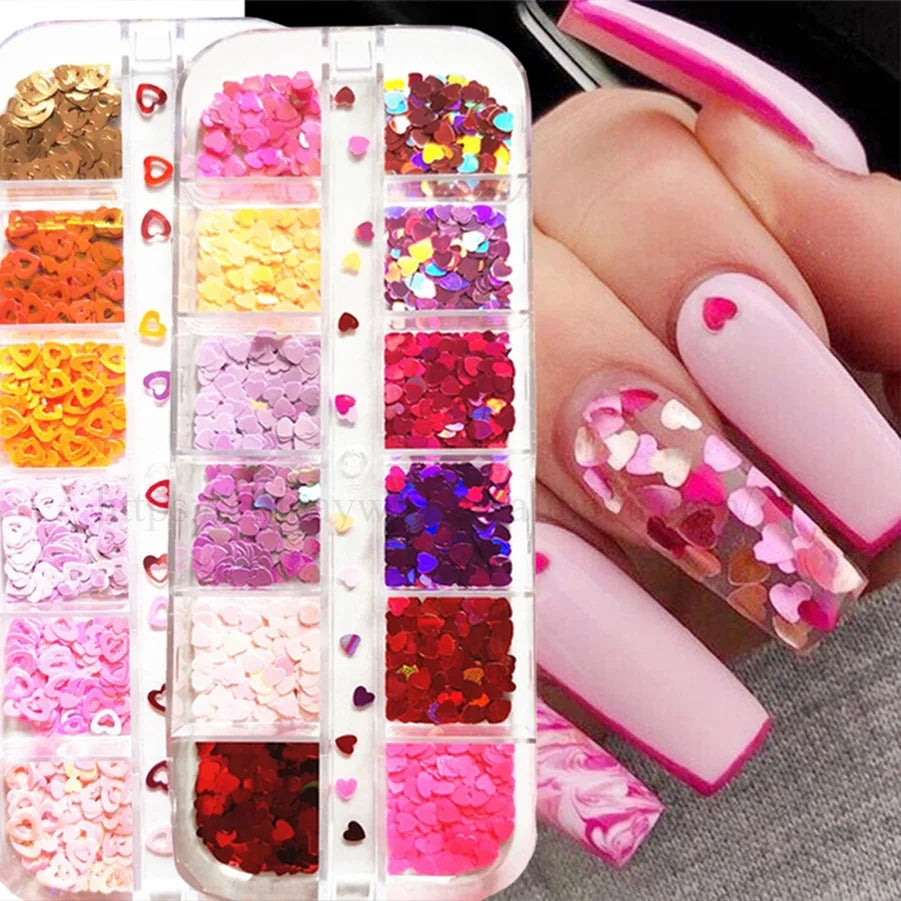 12 Grids/box Sequins Mixed Color Sparkle Nail Glitter Flakes 3d Nail Art Sequins Laser Love Heart Butterfly Nail Art