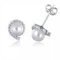 Wholesale 925 Sterling Silver Classic Stud Earrings with Rhodium Plating White Potato Shape Pearl & CZ