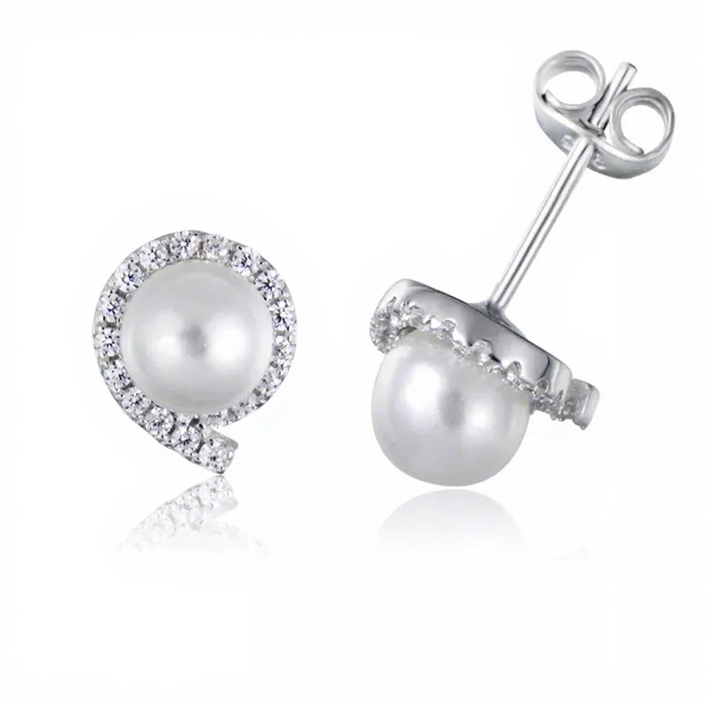 Wholesale 925 Sterling Silver Classic Stud Earrings with Rhodium Plating White Potato Shape Pearl & CZ