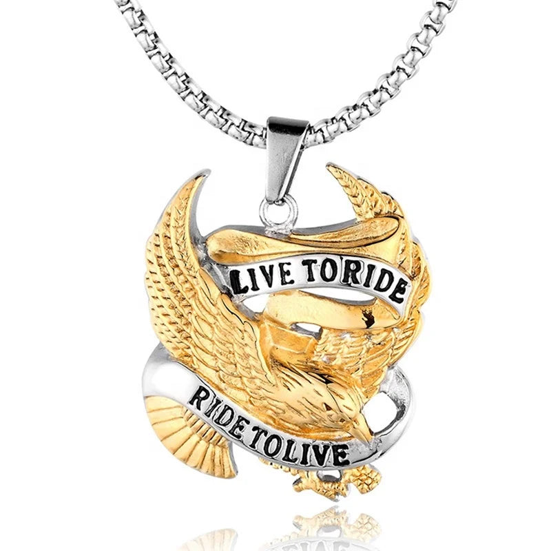 MECYLIFE Stainless Steel Biker Jewelry Live to Ride Eagle Pendant Necklace Hip Hop Motorcycle Necklace