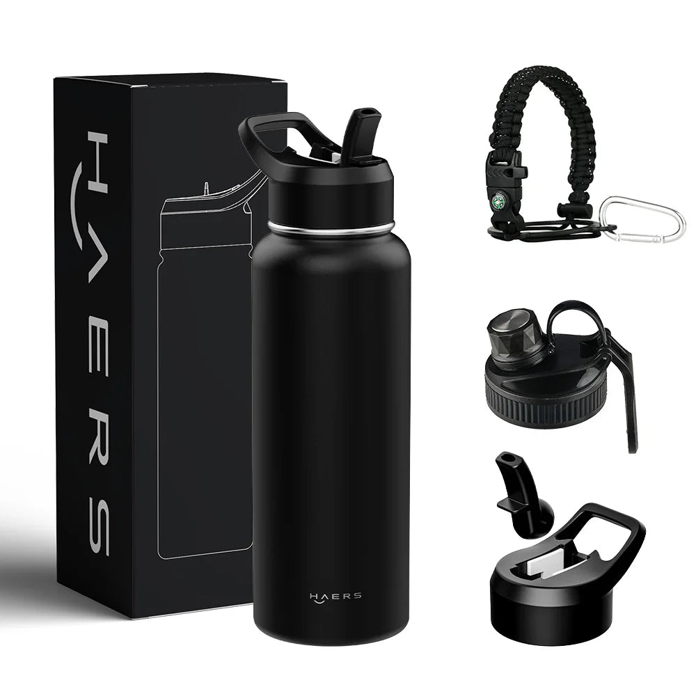 Haers Outdoor Double Wall Stainless Steel Insulated Gym Water Bottle with Straw
