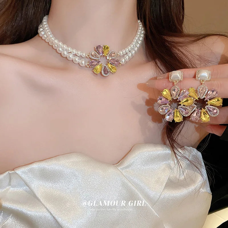 Exaggerated Sun Flower Necklace Diamond Drop Flower Pearl Earrings Necklace Set Pearl Crystal Jewelry Sets for Women