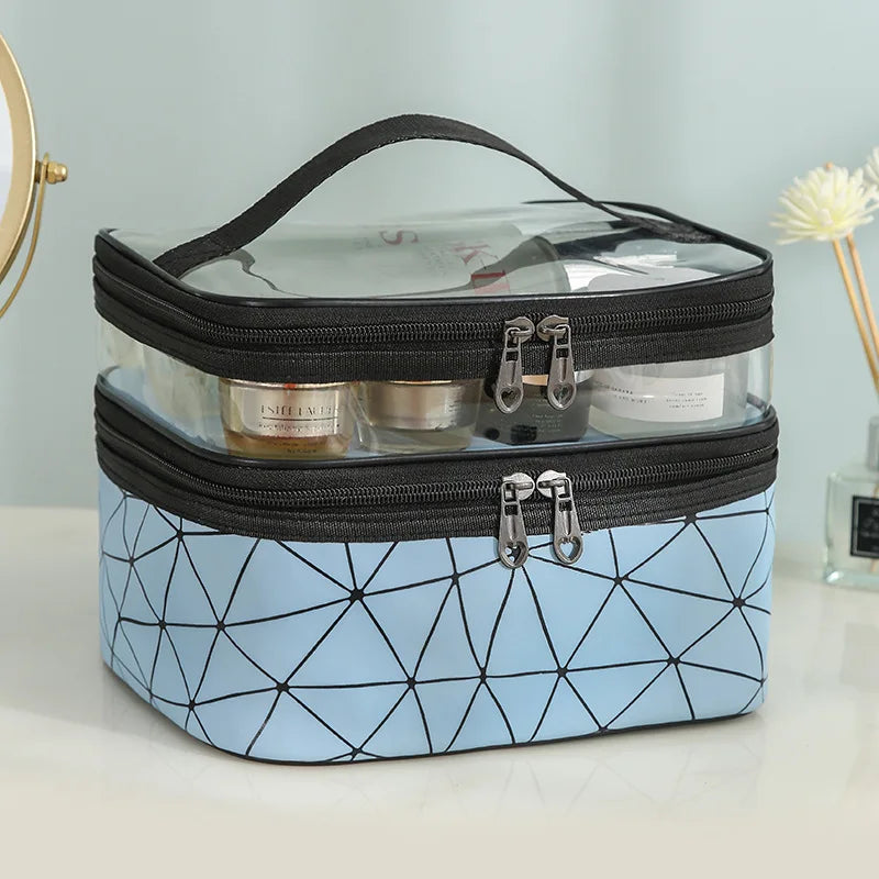 2024 Large Capacity Portable Waterproof PU Travel for Toiletry Bag with Double-Layer Geometric Pattern Makeup Storage Bag