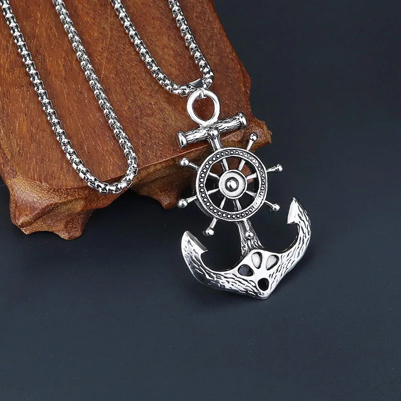 New Stainless Steel Chain Men's  Necklace Punk Style Alloy Jewelry Hexagram Boat Anchor Pendant Necklace for Men