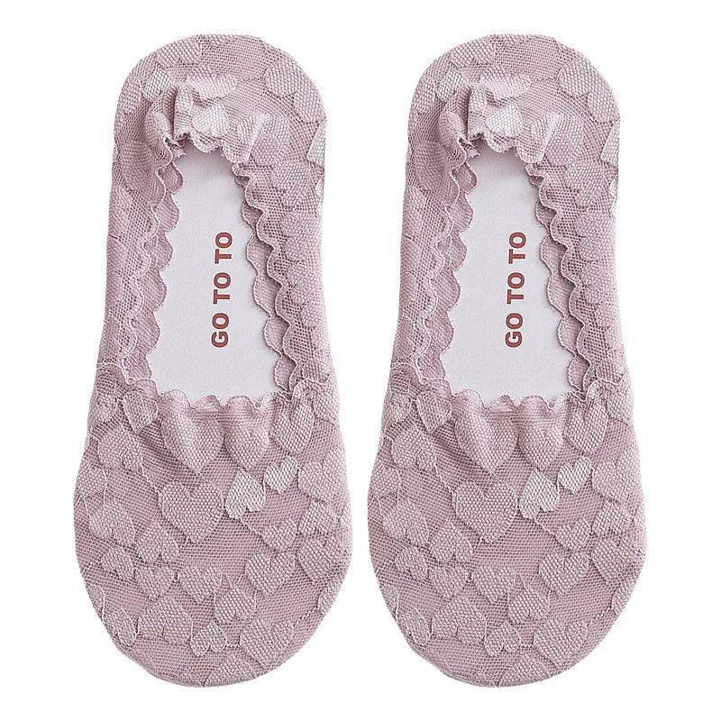 Women's Spring New Love Casual Boat Socks Jacquard Lace Short Tube Cotton Bottom Breathable Anti-Slip Disposable Girls' Socks