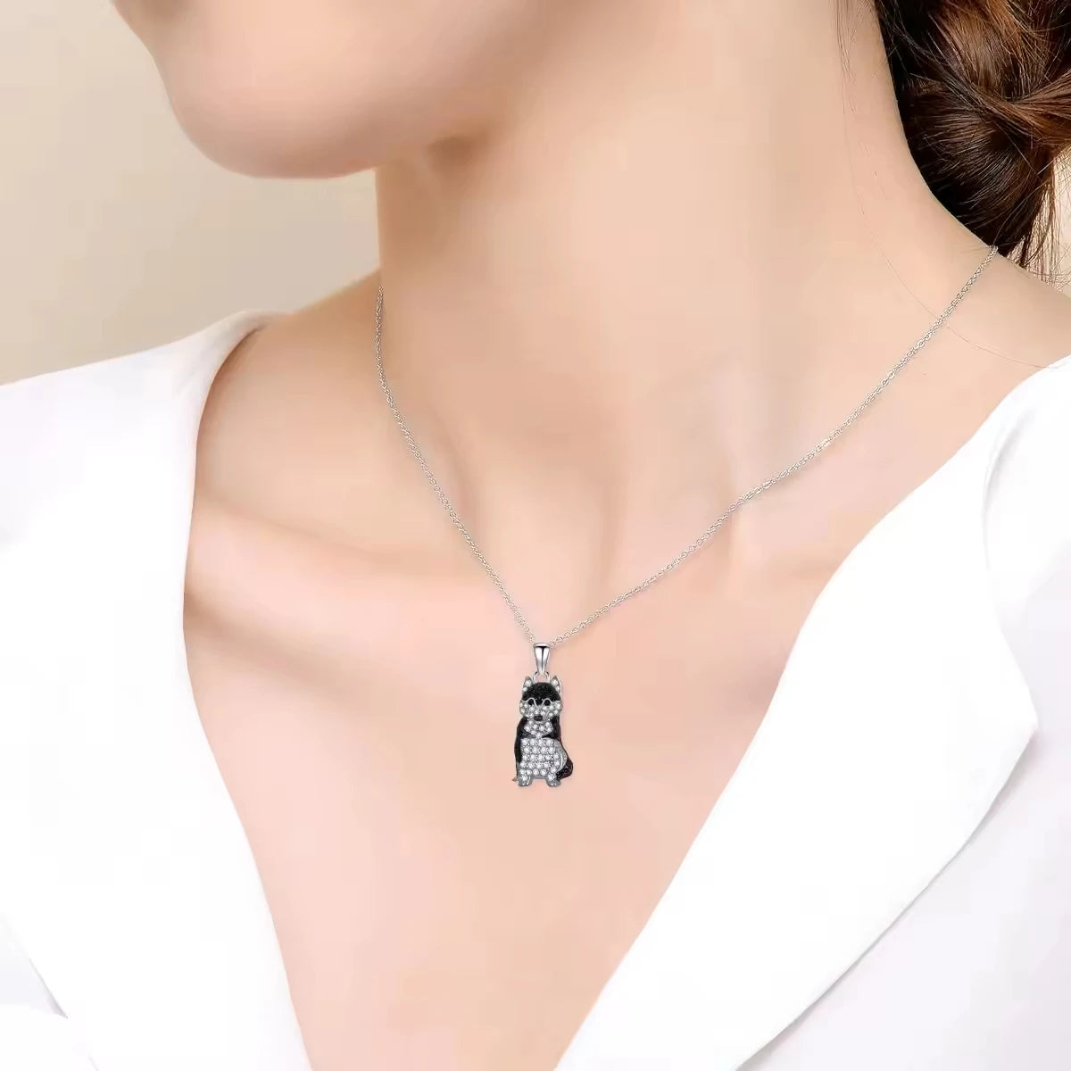 Pet Theme Jewelry S925 Sterling Silver Zircon Siberian Husky Dog Pendant Necklace