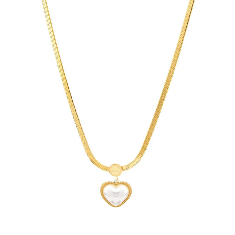 AA01135 Wholesale Fashion Jewelry Stainless Steel Snake Chain Necklaces Pearl Heart Pendant Necklaces Women