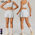 Women's 2 Pcs Fitness Suits 2 in 1 Skirts With Pocket Women Sport Suits Tennis Set One Shoulder Sport Crop Top Women Clothing