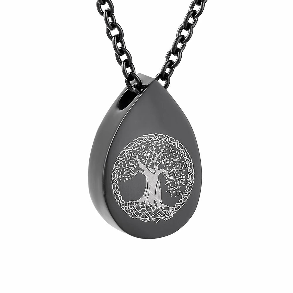 Vintage Stainless Steel Tree Teardrop Memorial Cremation Urn Keepsake Pendant Ash Necklace