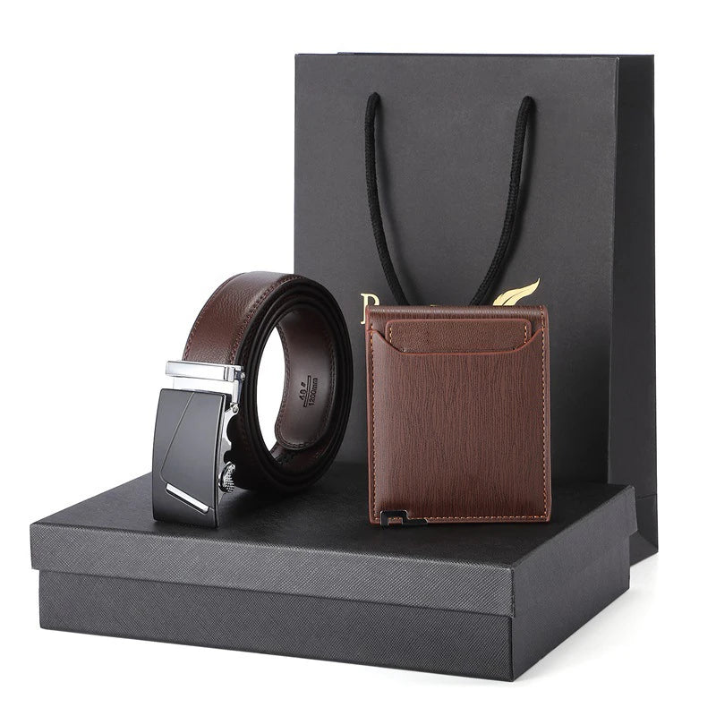 Luxury  Cowhide Genuine Ratchet Leather Belt With Wallet Gift Box Set Custom Logo Men Leather Belt