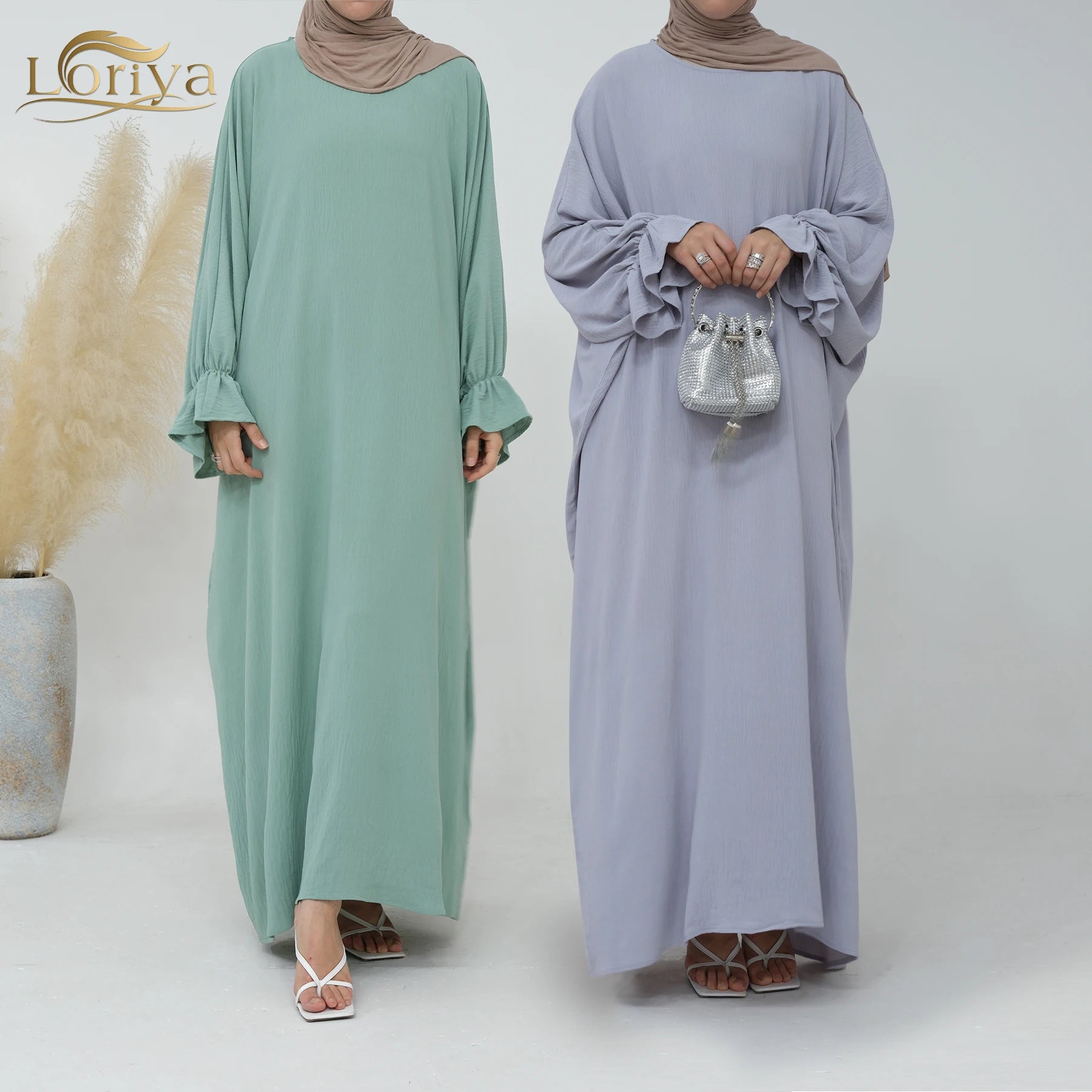 2023 Loriya New Arrival Islamic Clothing Wrinkle Polyester Modest Dress Flower Sleeve Abaya Women Muslim Dress