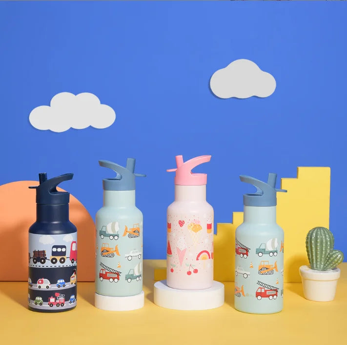Children Cute Water Bottle 350ml Stainless Steel Vacuum Bottle Printed Mini Insulated Flask with Double Lids for Back to School