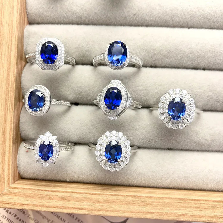 Fashion Jewelry 925 Sterling Silver Ring Lab Grown Gemstone Oval Blue Created Sapphire Ring for Women